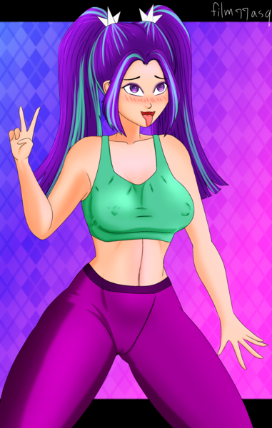 Size: 2362x3715 | Tagged: suggestive, artist:film77asq, derpibooru import, aria blaze, human, equestria girls, adorasexy, beautisexy, belly button, big breasts, blushing, breasts, busty aria blaze, cameltoe, clothed version, clothes, cute, erect nipples, female, g4, hair accessory, humanized, image, legs, light skin, long pants, midriff, nipple outline, open mouth, open smile, pigtails, png, purple eyes, purple eyeshadow, reasonably shaped breasts, reasonably sized breasts, sexy, smiling, solo, solo female, sports bra, sports pants, sporty style, spread legs, spreading, stupid sexy aria blaze, teenage aria blaze, teenage girls, teenager, tight clothing, tongue out, training pants, two fingers, two toned hair