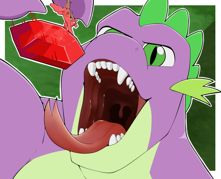 Size: 2134x1726 | Tagged: questionable, artist:giantboonehusky, derpibooru import, part of a set, spike, oc, dragon, pony, unicorn, gem, glasses, horn, image, implied vore, macro/micro, male, mawshot, older, older spike, open mouth, open smile, png, ponytail, predator, prey, smiling, stallion, this will end in death, this will end in vore, tongue out, vore