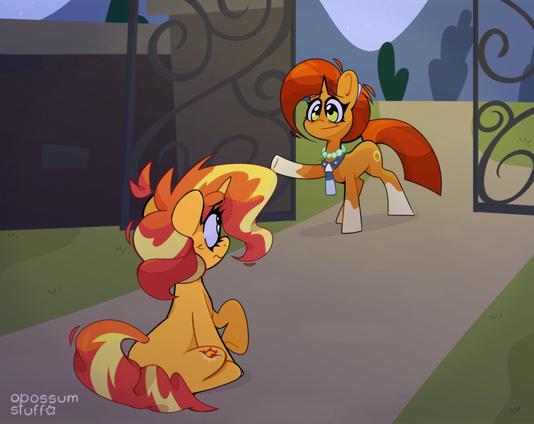 Size: 2048x1625 | Tagged: safe, artist:opossum-stuff, derpibooru import, stellar flare, sunburst, sunset shimmer, pony, unicorn, brother and sister, duo, female, horn, image, mother and child, mother and daughter, png, siblings, sunny siblings, the prodigal sunset