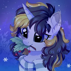 Size: 3500x3500 | Tagged: safe, artist:stesha, derpibooru import, oc, unofficial characters only, unicorn, clothes, commission, female, horn, image, mouth hold, png, scarf, snow, solo, unicorn oc, ych result