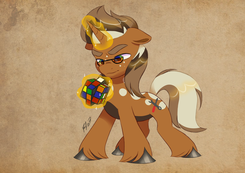 Size: 4961x3508 | Tagged: safe, artist:haruh_ink, derpibooru import, oc, oc:macchiato, unicorn, concentrating, cutie mark, glasses, horn, image, magic, png, rubik's cube, unshorn fetlocks