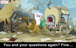 Size: 1920x1228 | Tagged: safe, derpibooru import, gilda, gryphon, comic:celestia's servant interview, the lost treasure of griffonstone, aweeg*, baking, bipedal, caption, cs captions, female, g4, griffonstone, holding, image, interview, oven, oven mitts, png, scone, text