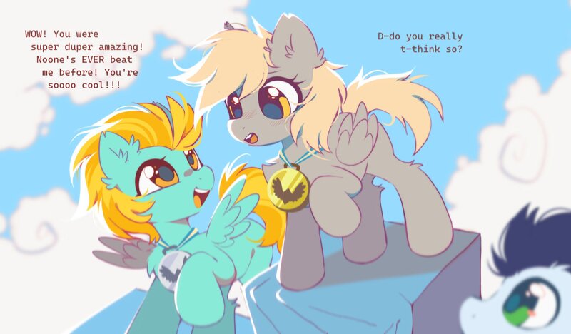 Size: 2048x1197 | Tagged: safe, artist:mirtash, derpibooru import, derpy hooves, lightning dust, soarin', pegasus, pony, alternate universe, blonde mane, blonde tail, blue coat, blue mane, blushing, chest fluff, colt, colt soarin', dialogue, duo focus, ear fluff, eyelashes, female, filly, filly derpy, filly derpy hooves, filly lightning dust, folded wings, friendshipping, g4, gray coat, green eyes, image, jpeg, leg fluff, looking at each other, looking at someone, male, medal, open mouth, open smile, raised hoof, sky background, smiling, smiling at each other, spread wings, standing, tail, talking, teeth, text, trio, wingding eyes, wings, yellow eyes, yellow mane, yellow tail, younger