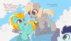 Size: 2048x1197 | Tagged: safe, artist:mirtash, derpibooru import, derpy hooves, lightning dust, soarin', pegasus, pony, alternate universe, blonde mane, blonde tail, blue coat, blue mane, blushing, chest fluff, colt, colt soarin', dialogue, duo focus, ear fluff, eyelashes, female, filly, filly derpy, filly derpy hooves, filly lightning dust, folded wings, friendshipping, g4, gray coat, green eyes, image, jpeg, leg fluff, looking at each other, looking at someone, male, medal, open mouth, open smile, raised hoof, sky background, smiling, smiling at each other, spread wings, standing, tail, talking, teeth, text, trio, wingding eyes, wings, yellow eyes, yellow mane, yellow tail, younger