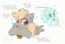 Size: 3400x2300 | Tagged: safe, artist:mirtash, derpibooru import, derpy hooves, lightning dust, pegasus, pony, alternate name, alternate universe, blonde mane, blushing, bust, dialogue, duo, duo female, ear fluff, emanata, eye clipping through hair, eyebrows, eyebrows visible through hair, eyelashes, female, filly, filly derpy, filly derpy hooves, filly lightning dust, friendshipping, g4, gray coat, high res, hooves together, image, jpeg, leg fluff, long mane, looking away, medal, open mouth, open smile, shy, shy smile, simple background, smiling, spread wings, starry eyes, talking, text, white background, wingding eyes, wings, yellow eyes, younger
