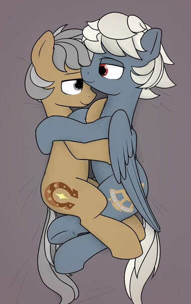 Size: 2385x3784 | Tagged: safe, artist:horsehiney, derpibooru import, oc, oc:albatross, oc:hind, unofficial characters only, earth pony, pegasus, pony, cuddling, eye contact, image, jpeg, looking at each other, looking at someone, male, stallion, wings