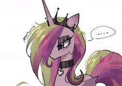 Size: 1043x737 | Tagged: safe, artist:petaltwinkle, derpibooru import, princess cadance, alicorn, pony, ..., alternate accessories, alternate clothes, alternate design, bags under eyes, bust, choker, colored eartips, colored wings, colored wingtips, crown, emo, eyelashes, eyeshadow, female, folded wings, frown, g4, gradient ears, gradient horn, hair over one eye, heart choker, horn, image, jewelry, jpeg, lidded eyes, long mane, long tail, makeup, mare, messy mane, messy tail, multicolored mane, multicolored tail, pink coat, pink eyes, pink mane, regalia, signature, simple background, solo, speech bubble, tail, tiara, two toned wings, unicorn horn, white background, wingding eyes, wings, wip