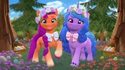 Size: 3840x2160 | Tagged: safe, artist:owlpirate, derpibooru import, izzy moonbow, sunny starscout, earth pony, pony, unicorn, g5, 3d, 4k, basket, bow, cute, duo, duo female, easter, easter basket, easter egg, female, floral head wreath, flower, high res, holiday, horn, image, izzybetes, looking at you, mare, open mouth, open smile, png, raised hoof, smiling, smiling at you, source filmmaker, sunnybetes