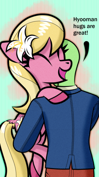 Size: 1080x1920 | Tagged: safe, artist:scandianon, derpibooru import, lily, lily valley, oc, oc:anon, earth pony, human, pony, dialogue, eyes closed, female, g4, holding a pony, hug, image, male, mare, open mouth, open smile, png, smiling, talking