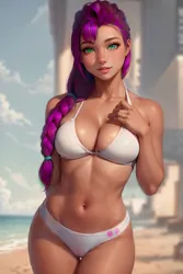 Size: 1024x1536 | Tagged: suggestive, ai content, derpibooru import, editor:sammykun, machine learning generated, stable diffusion, sunny starscout, human, equestria girls, g5, my little pony: a new generation, actress, adult, beach, beautiful, beautiful eyes, beautiful hair, beautisexy, belly button, bestie, big breasts, bikini, blurry background, braid, braided ponytail, breasts, busty sunny starscout, cleavage, clothes, enjoying, exclusive, female, generator:purplesmart.ai, generator:yodayo, green eyes, hair tie, hand on breasts, hand on chest, hot, humanized, image, inviting, legs, legs together, long hair, midriff, oil, oily skin, panties, pink hair, png, pose, prompter:sammykun, reasonably shaped breasts, reasonably sized breasts, ribcage, sexy, skinny, smelly, solo, solo female, stupid sexy sunny starscout, sultry, sultry pose, sunbathing, tan skin, tanned, travelling, underwear, vanessa hudgens, white bra, white panties, white underwear, wide hips, woman, young, young adult