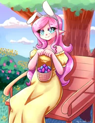 Size: 2975x3850 | Tagged: safe, artist:mylittleyuri, derpibooru import, fluttershy, human, basket, bench, blush lines, blushing, bunny ears, clothes, cute, dress, easter, easter basket, easter egg, elf ears, eye clipping through hair, eyebrows, eyebrows visible through hair, female, heart, heart eyes, high res, holiday, humanized, image, looking at you, nature, png, shyabetes, sitting, smiling, smiling at you, solo, sundress, wingding eyes