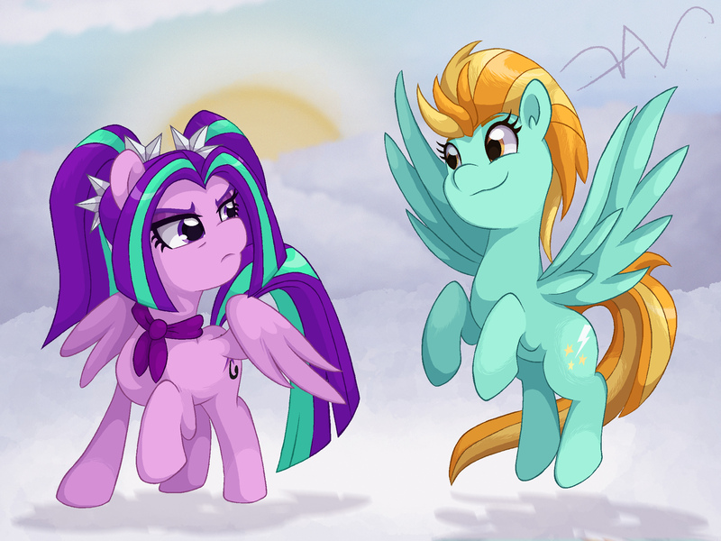 Size: 2400x1800 | Tagged: safe, artist:swasfews, derpibooru import, aria blaze, lightning dust, ponified, pegasus, pony, cloud, equestria girls ponified, image, jpeg