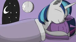 Size: 1920x1080 | Tagged: safe, artist:icycrymelon, derpibooru import, shining armor, twilight sparkle, bed, blanket, brother and sister, clock, female, g4, image, love, male, moon, night, pillow, png, siblings, sleeping, smiling, stars, straight, window