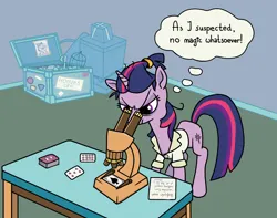 Size: 2340x1840 | Tagged: safe, artist:mafon, derpibooru import, twilight sparkle, pony, unicorn, alternate hairstyle, bags under eyes, female, image, implied trixie, looking at something, mare, messy mane, microscope, playing card, png, solo, thought bubble, trunk, unicorn twilight