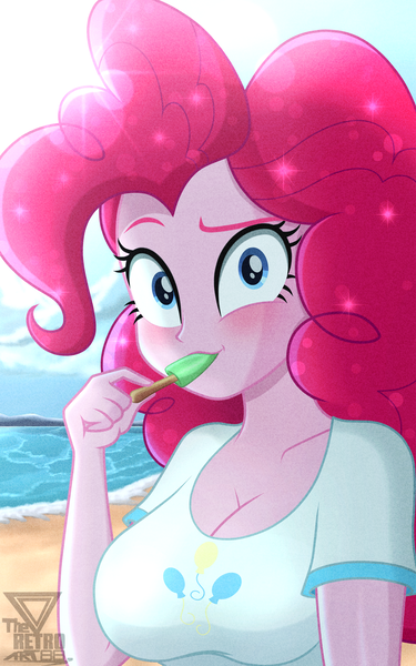 Size: 2000x3200 | Tagged: suggestive, artist:theretroart88, derpibooru import, pinkie pie, human, equestria girls, 2d, beach, blushing, breasts, busty pinkie pie, cleavage, clothes, cloud, curly hair, day, eyebrows, female, food, g4, image, looking at you, ocean, outdoors, png, popsicle, raised eyebrow, sand, shirt, short sleeves, sky, solo, stupid sexy pinkie, sun, t-shirt, water