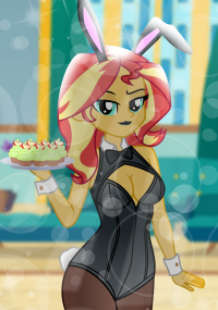 Size: 200x285 | Tagged: safe, artist:emeraldblast63, derpibooru import, sunset shimmer, human, equestria girls, absolute cleavage, bedroom eyes, black lipstick, bowtie, breasts, bunny ears, bunny suit, cleavage, clothes, cuffs (clothes), cupcake, food, g4, image, lens flare, leotard, lipstick, pantyhose, picture for breezies, playboy bunny sunset shimmer, png, solo