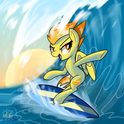 Size: 2000x2000 | Tagged: safe, artist:notadeliciouspotato, derpibooru import, spitfire, pegasus, pony, bipedal, female, image, mare, ocean, open mouth, open smile, png, signature, smiling, solo, surfboard, surfing, water, wave, wings