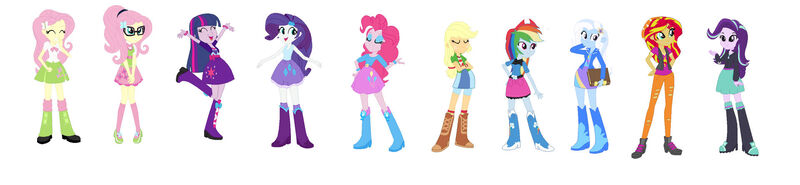 Size: 1920x445 | Tagged: safe, artist:leahrow, derpibooru import, applejack, fluttershy, pinkie pie, rainbow dash, rarity, sunset shimmer, trixie, twilight sparkle, equestria girls, boots, clothes, g4, high heel boots, image, jpeg, mane six, shoes, simple background, white background
