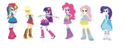 Size: 1280x509 | Tagged: safe, artist:leahrow, derpibooru import, applejack, fluttershy, pinkie pie, rainbow dash, rarity, twilight sparkle, equestria girls, boots, clothes, g4, high heel boots, image, jpeg, mane six, shoes, simple background, white background
