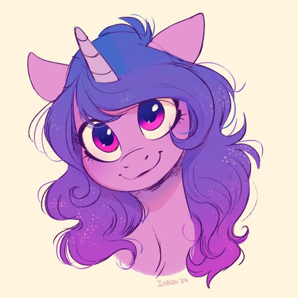 Size: 2757x2757 | Tagged: safe, artist:imalou, derpibooru import, izzy moonbow, pony, unicorn, g5, bust, horn, image, jpeg, looking at you, smiling