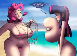 Size: 750x545 | Tagged: suggestive, artist:ringteam, derpibooru import, pinkie pie, twilight sparkle, human, beach, big breasts, bikini, blushing, breasts, busty twilight sparkle, chubby, clothes, covering, covering breasts, duo, duo female, embarrassed, female, g4, huge breasts, humanized, hyper, hyper breasts, image, impossibly large breasts, jpeg, nudity, swimsuit, wardrobe malfunction