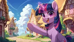 Size: 4536x2592 | Tagged: safe, ai content, derpibooru import, machine learning generated, stable diffusion, twilight sparkle, pony, unicorn, cloud, cottage, female, g4, generator:pony diffusion v6 xl, glow, glowing horn, happy, horn, image, looking at you, magic, magic aura, mare, path, png, ponyville, prompter:ada, sky, smiling, solo, waving, waving at you