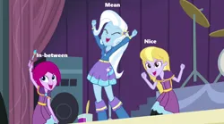 Size: 1280x714 | Tagged: safe, derpibooru import, edit, edited screencap, screencap, fuchsia blush, lavender lace, trixie, equestria girls, g4, headcanon, image, in-between, mean, nice, png, trio, trixie and the illusions