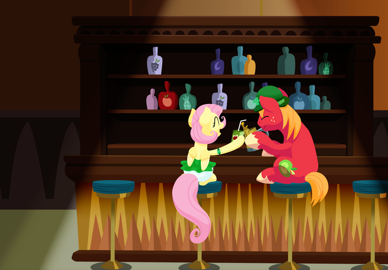 Size: 2880x2000 | Tagged: safe, alternate version, anonymous artist, derpibooru import, big macintosh, fluttershy, earth pony, pegasus, pony, series:fm holidays, bar, bar stool, bloomers, bowler hat, cider, clothes, clover, colored, dress, eyes closed, female, fluttermac, four leaf clover, g4, hat, high res, holiday, hoof hold, image, juice, juice box, lineless, male, mare, open mouth, open smile, png, saint patrick's day, shipping, sitting, smiling, stallion, straight, toasting