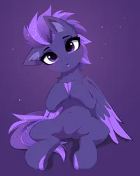 Size: 2587x3239 | Tagged: safe, artist:empress-twilight, derpibooru import, oc, oc:shadow galaxy, pegasus, pony, belly, belly button, blushing, commission, cute, ethereal mane, female, hooves, hooves together, image, mare, one ear down, open mouth, pegasus oc, png, purple background, simple background, sitting, solo, starry mane, starry tail, tail, wings, ych result