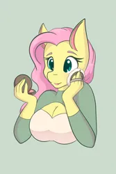 Size: 1365x2048 | Tagged: safe, artist:mscolorsplash, derpibooru import, fluttershy, anthro, pegasus, pony, big breasts, breasts, bust, busty fluttershy, cleavage, female, green background, image, makeup, mare, png, powder puff, simple background, solo