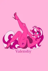 Size: 1365x2048 | Tagged: suggestive, artist:mscolorsplash, derpibooru import, valenshy, anthro, earth pony, plantigrade anthro, pony, g3, ass, breasts, busty valenshy, butt, cleavage, clothes, dress, eyebrows, eyebrows visible through hair, female, high heels, image, mare, one leg raised, pink background, png, shoes, short dress, simple background, solo, solo female