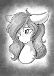 Size: 1463x2048 | Tagged: safe, artist:mscolorsplash, derpibooru import, oc, oc:color splash, unofficial characters only, pegasus, pony, bust, female, floppy ears, grayscale, image, jpeg, mare, monochrome, solo