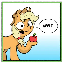 Size: 688x688 | Tagged: safe, artist:doodledonutart, derpibooru import, applejack, earth pony, pony, apple, appul, dialogue, female, food, gradient background, hoof hold, image, looking at you, mare, png, solo, speech bubble, talking to viewer
