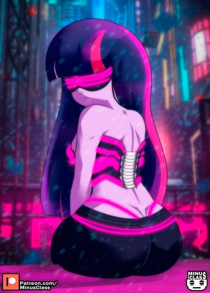 Size: 644x900 | Tagged: suggestive, artist:minusclass, derpibooru import, twilight sparkle, human, equestria girls, 2d, bangs, clothes, cyberpunk, cyberpunk 2077, g4, glasses, image, jpeg, looking at you, looking back, outdoors, panties, patreon, patreon logo, rain, sitting, solo, thong, underwear