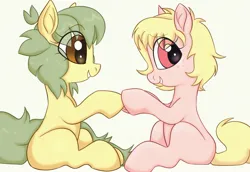 Size: 3942x2717 | Tagged: safe, artist:mushy, derpibooru import, oc, oc:candy pie, oc:pea, unofficial characters only, earth pony, pony, blank flank, duo, duo female, eye clipping through hair, female, filly, foal, g4, holding hooves, image, jpeg, looking at each other, looking at someone, sitting