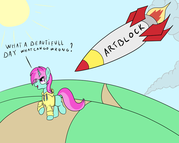 Size: 2000x1600 | Tagged: safe, artist:amateur-draw, derpibooru import, oc, oc:belle boue, pony, unicorn, artblock, bad luck, clothes, hoodie, horn, image, male, png, rocket, simple background, solo, solo male, stallion, text, this will end in death, this will end in tears
