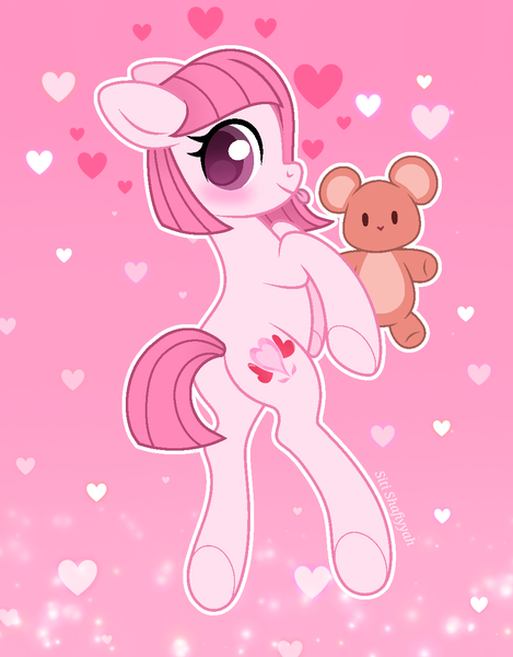 Size: 1000x1280 | Tagged: safe, artist:muhammad yunus, derpibooru import, oc, oc:annisa trihapsari, unofficial characters only, earth pony, pony, :p, annibutt, base used, blushing, butt, cute, female, heart, heart background, image, looking at you, mare, ocbetes, pink background, plot, plushie, png, simple background, smiling, smiling at you, solo, teddy bear, tongue out, watermark
