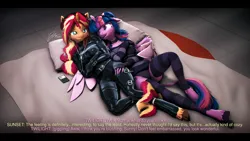 Size: 9600x5400 | Tagged: suggestive, artist:imafutureguitarhero, derpibooru import, sci-twi, sunset shimmer, twilight sparkle, twilight sparkle (alicorn), alicorn, anthro, classical unicorn, pony, unguligrade anthro, unicorn, series:twilight's sexual deviancy, 3d, absurd file size, absurd resolution, alicornified, bdsm, belt, belt buckle, black bars, blushing, blushing profusely, bondage, bound, breasts, cheek fluff, chest fluff, chin fluff, chromatic aberration, cloth, clothes, cloven hooves, collar, colored eyebrows, colored eyelashes, colored wings, cute, dialogue, duo, ear fluff, ear freckles, embarrassed, female, femsub, film grain, fingerless gloves, floppy ears, fluffy, fluffy hair, fluffy mane, fluffy tail, freckles, fur, g4, gentle femdom, giggling, glasses, glasses on head, gloves, hand on hip, happy, happy bondage, headphones, hoof fluff, horn, image, ipod, jpeg, latex, latex gloves, latex socks, latex suit, laughing, leg strap, leonine tail, lesbian, letterboxing, lidded eyes, listening to music, long nails, looking at someone, looking down, lying down, mare, multicolored hair, multicolored mane, multicolored tail, neck fluff, nose wrinkle, on back, on floor, one ear down, one eye closed, open mouth, paintover, panties, pants, peppered bacon, pillow, race swap, relaxed, relaxing, revamped anthros, revamped ponies, sci-twilicorn, shimmerbetes, ship:sci-twishimmer, shipping, shorts, signature, smiling, socks, source filmmaker, stage.bsp, straitjacket, straps, striped gloves, striped stockings, striped sweater, submissive, subset, subtitles, sunsetsparkle, sweater, tail, tail fluff, text, twiabetes, twidom, two toned wings, underwear, unshorn fetlocks, wall of tags, wavy mouth, wing fluff, wing freckles, wings
