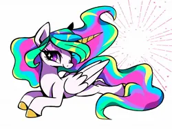 Size: 1600x1200 | Tagged: safe, artist:stacy_165cut, derpibooru import, princess celestia, alicorn, pony, big eyes, colored hooves, colored horn, countershading, ethereal mane, ethereal tail, eye clipping through hair, eyelashes, eyeshadow, female, folded wings, g4, horn, image, jpeg, lidded eyes, looking back, lying down, makeup, mare, missing accessory, multicolored mane, multicolored tail, pink eyes, profile, prone, shiny hoof, simple background, smiling, sparkles, sparkly eyes, starry eyes, tail, unicorn horn, white background, white coat, wingding eyes, wings