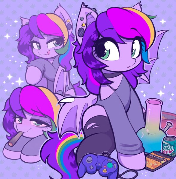 Size: 1668x1696 | Tagged: safe, artist:moozua, derpibooru import, oc, oc:lullaby, unofficial characters only, bat pony, pony, bat pony oc, bat wings, big eyes, blunt, bong, choker, clothes, colored pinnae, colored wings, controller, drink, drugs, ear piercing, ear tufts, earring, eye clipping through hair, eyebrows, eyebrows visible through hair, female, floating eyebrows, folded wings, gamecube controller, gauges, green eyes, high, image, industrial piercing, jewelry, jpeg, licking, licking lips, lidded eyes, long mane, long socks, long tail, looking back, looking up, lying down, mare, marijuana, mountain dew, multicolored hair, multicolored mane, multicolored tail, open mouth, patterned background, piercing, ponysona, purple coat, purple mane, purple tail, rainbow hair, rainbow tail, raised hoof, ripped stockings, scene, shoulderless shirt, sitting, smiling, socks, soda can, solo, sparkles, spread wings, stockings, tail, thigh highs, tongue out, torn clothes, triality, two toned wings, wall of tags, wingding eyes, wings