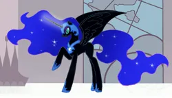 Size: 3927x2246 | Tagged: safe, artist:ladyroxanne7, derpibooru import, nightmare moon, oc, oc:nyx, alicorn, pony, fanfic:past sins, alicorn oc, boots, canterlot, canterlot castle, chestplate, clothes, ethereal hair, eyeshadow, fanfic art, floor, glow, glowing horn, helmet, horn, image, jpeg, makeup, nightmare nyx, pillar, raised hoof, scene interpretation, shoes, slit pupils, solo, spread wings, stained glass, stone, stone wall, wall, wings