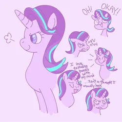 Size: 1000x1000 | Tagged: safe, artist:skittytxt, derpibooru import, starlight glimmer, pony, unicorn, :3, angry, blushing, colored sketch, dialogue, emanata, eyes closed, fangs, female, g4, horn, image, jpeg, long mane, mare, multicolored mane, narrowed eyes, open mouth, open smile, pink background, pink coat, profile, purple eyes, purple mane, shrunken pupils, simple background, sketch, sketch dump, smiling, solo, standing, sweat, sweatdrop, text, unicorn horn, wingding eyes