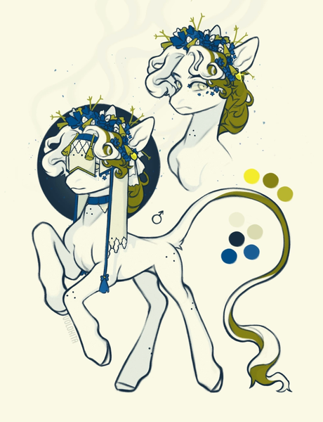 Size: 1571x2048 | Tagged: safe, artist:kurkumut, derpibooru import, oc, unnamed oc, unofficial characters only, earth pony, pony, body freckles, concave belly, curly mane, curly tail, earth pony oc, facial markings, floral head wreath, flower, freckles, frown, image, leg freckles, leonine tail, long mane, long mane male, looking back, male, png, rearing, slender, stallion, tail, tail fluff, thin, two toned mane, two toned tail, veil, white coat, white eyes, white mane