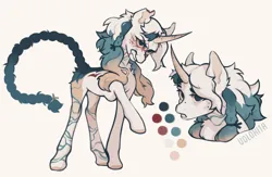 Size: 2048x1335 | Tagged: safe, artist:kurkumut, derpibooru import, oc, unnamed oc, unofficial characters only, unicorn, ambiguous gender, beauty mark, braid, braided tail, coat markings, color palette, colored hooves, colored horn, colored pinnae, colored sclera, curved horn, duality, ear fluff, facial scar, frown, gradient tail, gritted teeth, horn, image, long legs, long mane, long tail, messy mane, mole, multicolored mane, png, raised hoof, scar, signature, simple background, slender, solo, tail, teeth, thin, thin legs, tied tail, torn ear, two toned coat, two toned tail, unicorn oc, yellow background, yellow sclera