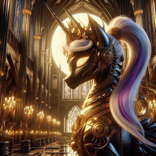 Size: 1024x1024 | Tagged: safe, ai content, anonymous prompter, derpibooru import, machine learning generated, alicorn, pony, robot, robot pony, candle, cathedral, crown, generator:bing image creator, generator:dall-e 3, image, jewelry, jpeg, ponytail, regalia, solo, stained glass