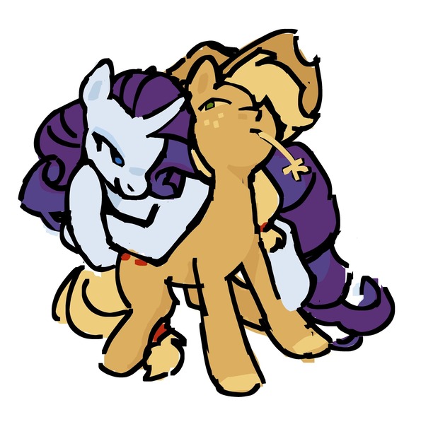 Size: 2030x2047 | Tagged: safe, artist:kurkumut, derpibooru import, applejack, rarity, earth pony, pony, unicorn, applejack's hat, blonde mane, blonde tail, blue eyes, colored hooves, colored pinnae, colored sclera, cowboy hat, curved horn, duo, duo female, eyelashes, eyeshadow, female, freckles, g4, green eyes, hat, high res, hoof on chin, horn, image, jpeg, leaning, leaning on someone, lesbian, lidded eyes, looking at each other, looking at someone, looking back, makeup, mare, orange coat, ponytail, purple mane, purple tail, rarijack, ringlets, shipping, simple background, sitting, smiling, straight face, straw in mouth, tail, tied mane, tied tail, white background, white coat, yellow sclera