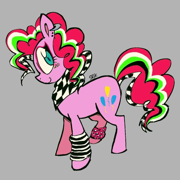Size: 1074x1074 | Tagged: safe, artist:pichepata, derpibooru import, pinkie pie, earth pony, pony, bandana, big eyes, blue eyes, blush scribble, blushing, clothes, colored pinnae, curly mane, curly tail, dyed mane, dyed tail, ear piercing, earring, eyelashes, eyeshadow, female, g4, gray background, image, jewelry, jpeg, leg warmers, makeup, mare, multicolored mane, multicolored tail, neckerchief, piercing, pink coat, profile, scene, scene hair, scene kid, signature, simple background, smiling, solo, standing, tail, teal eyes, wingding eyes