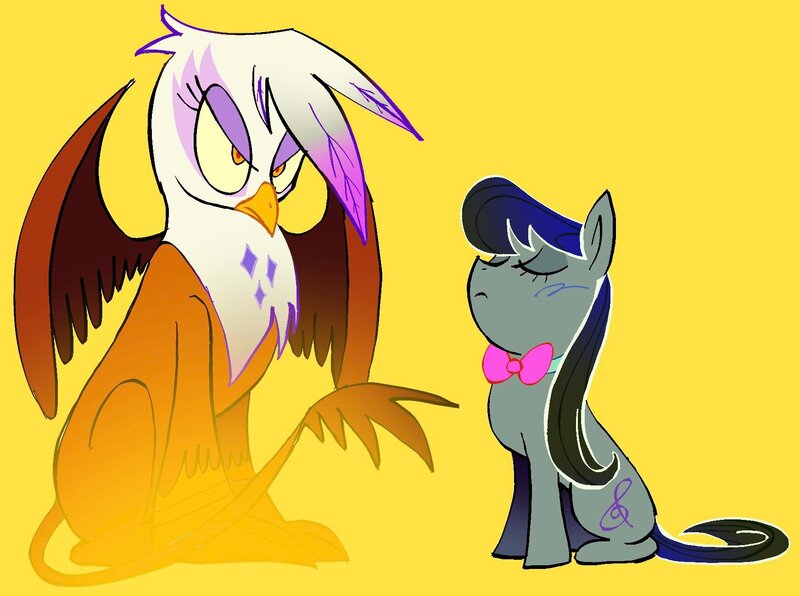 Size: 1743x1299 | Tagged: safe, artist:pichepata, derpibooru import, gilda, octavia melody, earth pony, gryphon, pony, black mane, black tail, blush scribble, blushing, bowtie, colored pupils, colored sclera, colored wings, duo, duo female, earth pnoy, eyelashes, eyes closed, eyeshadow, facial markings, female, frown, g4, gray coat, height difference, image, jpeg, leonine tail, long mane, long tail, makeup, mare, simple background, sitting, size difference, spread wings, straight mane, straight tail, tail, wings, yellow background, yellow eyes, yellow sclera