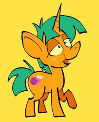 Size: 742x915 | Tagged: safe, artist:pichepata, derpibooru import, snails, pony, unicorn, big ears, colored sclera, colt, foal, freckles, green mane, green tail, horn, image, jpeg, lidded eyes, long horn, long mane, long mane male, male, open mouth, open smile, orange coat, raised hoof, short, simple background, smiling, solo, standing, straight mane, straight tail, tail, unicorn horn, yellow background, yellow sclera
