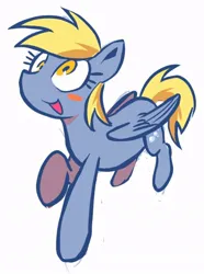 Size: 622x838 | Tagged: safe, artist:pichepata, derpibooru import, derpy hooves, pegasus, pony, countershading, eyelashes, female, folded wings, g4, gray coat, image, jpeg, looking up, mare, open mouth, open smile, perspective, simple background, smiling, solo, tail, white background, wingding eyes, wings, yellow eyes, yellow mane, yellow tail